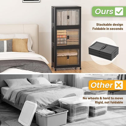 SAILUN 26Gal/105Qt Stackable Storage Bins Folding Collapsible Storage Bins with Lid, Closet Organizers and Storage Box with Door Black 18" W x 11" D x 32" H