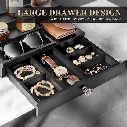 EOSAHR Modern Wooden Cologne Organizer for Men - 3 Tier Cologne Stand with Storage Drawer and Hidden Compartment - Perfume Organizer for Dresser (Black)