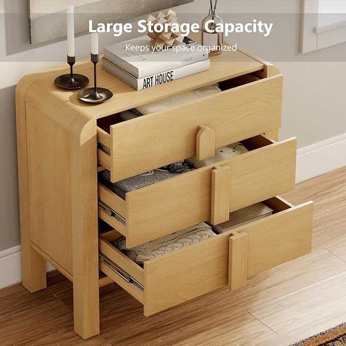 WAMPAT 3 Drawer Dresser for Bedroom,31.5" Wide Mid Century Modern Wide Chest of Drawer, Wood Tall Nightstand with Curved Edge Handles, Closet Dresser TV Stand for Bedroom, Oak