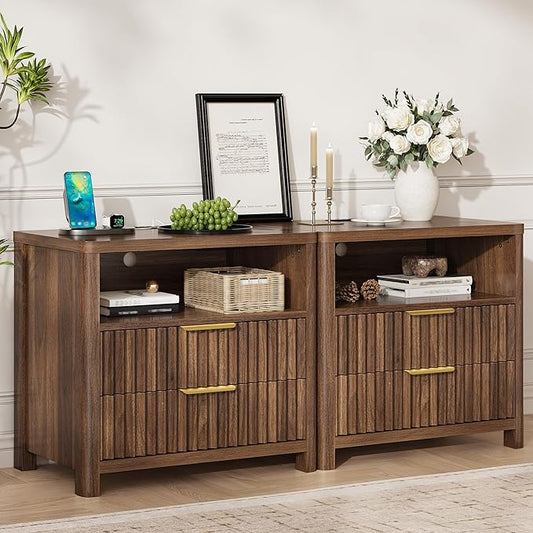 CypBed NightStand Set of 2 with Charging Station, Bedside Tables with 2 Drawers & Storage Shelf, Wood Fluted Nightstand with Rounded Corner Design, Modern End Table for Bedroom, Easy Assembly