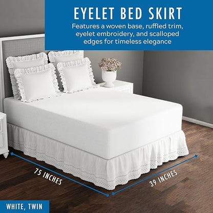 Fresh Ideas Eyelet Bed Skirt, Ruffled Design, 14 Inch Drop, Embroidered Scalloped Edge, Twin, White