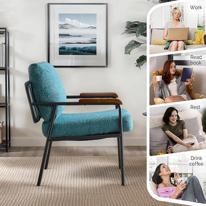 VINGLI Mid-Century Modern Accent Armchiars Set of 2 for Small Space, Small Comfy Upholstered Leisure Reading Chairs with Wood Armrests for Bedroom, Living Room, Waiting Room, Linen Teal