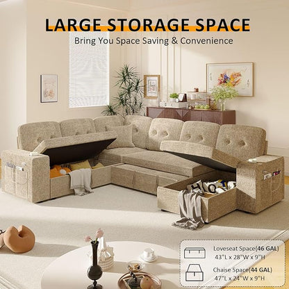 Modular Sectional Sleeper Sofa with Pull Out Bed, 108 Inch U Shaped 7 Seat Sectional Couches for Living Room, Sofa Bed with Adjustable Backrest | Hidden Storage | Wide Armrest | Khaki