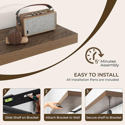 RICHFOCUS 55Inch Floating Shelves for Wall 2 Pack Shelves for Bedroom|Kitchen|Bathroom Wall Mounted Rustic Wood Floating Shelf with Invisible Brackets for Books|Storage|Decor, Walnut