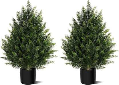 Outdoor Artificial Cedar Topiary Tree, Faux Evergreen Shrubs for Front Porch Decor, Lifelike Fake Bushes Plants for Home Living Room Front Door Decor (2, 2ft)