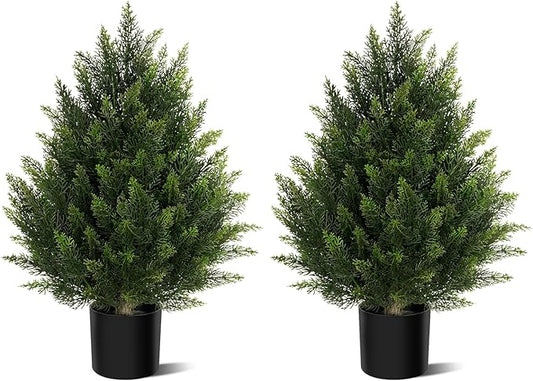 Outdoor Artificial Cedar Topiary Tree, Faux Evergreen Shrubs for Front Porch Decor, Lifelike Fake Bushes Plants for Home Living Room Front Door Decor (2, 2ft)