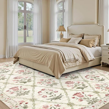 vivorug 5x7 Area Rugs - Ultra-Thin Washable Rug with Non-Slip Backing, Ideal for Living Room, Bedroom, Kitchen Floor Carpet - Modern Pink Floral, Easy Clean, Durable, Low Pile