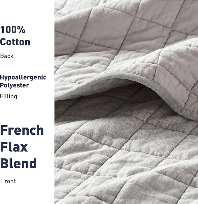 Hyde Lane Luxury Linen Quilt Set King Size, Organic European Flax Cotton Blend Bedding for Bedspread and Coverlet, Box Stitched, with 2 Pillow Shams, 106"x96", Grey