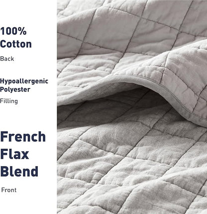 Hyde Lane Luxury Linen Quilt Set King Size, Organic European Flax Cotton Blend Bedding for Bedspread and Coverlet, Box Stitched, with 2 Pillow Shams, 106"x96", Grey