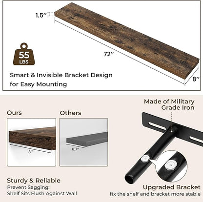 RICHFOCUS 72Inch Floating Shelves for Wall 2 Pack Shelves for Bedroom|Kitchen|Bathroom Wall Mounted Rustic Wood Floating Shelf with Invisible Brackets for Books|Storage|Decor, Rustic Brown