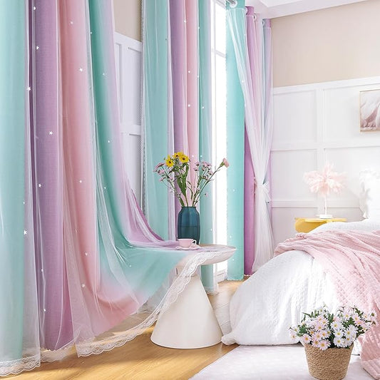 XiDi Curtains for Bedroom Decor, Rainbow PinkPuGreen-62-84