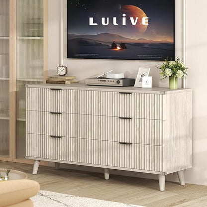 Lulive Wood Dresser for Bedroom with 6 Drawers, 53.2" Long Fluted Modern Chest of Drawers Storage Organizer, Dressers TV Stand for Living Room, Closet, Hallway (White Oak)