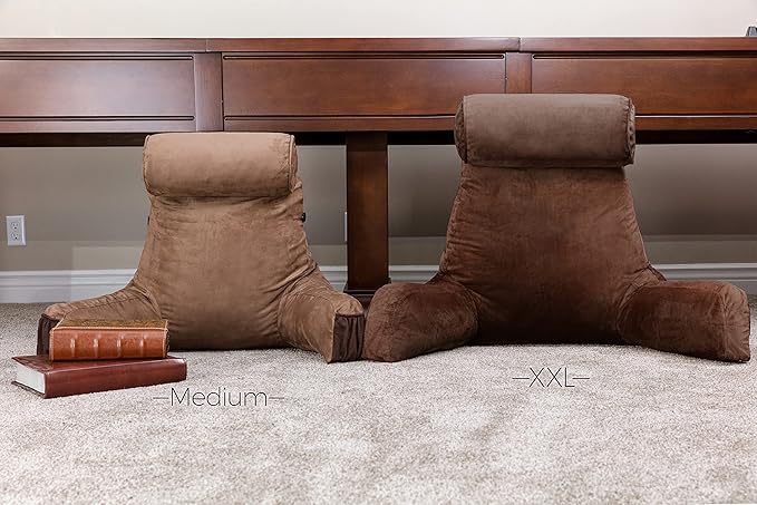 Husband Pillow XXL Aspen Edition, Adult Reading Sit Up Bed Rest Pillow for Bed with Arms & Neck Roll on Bungee Cord - Premium Memory Foam - Reversible 2 Sided Cover Micro Suede or Plush, Saddle Brown