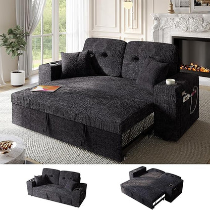 63 Inch Sleeper Sofa Bed, 4 in 1 Pull Out Couch Bed with Adjustable Backrest, Small Loveseat with Wide Armrest | USB Charging | Side Pockets | Cup Holders | Tool Free Assembly, Navy Blue