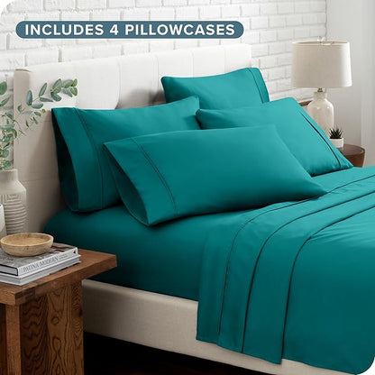Bare Home Hotel Luxury King Sheet Set, Extra Soft - 6 Piece Set - Deep Pockets - Easy Fit - Cooling & Breathable - Wrinkle, Fade, Stain Resistant - Includes 4 Pillowcases (King, Emerald)