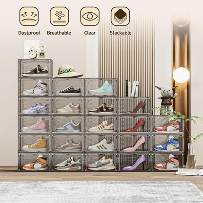 6 Pack XX Large Shoe Organizer, Heavy-Duty Hard Thicken Plastic Clear Stackable Shoe Storage Box Organizer for Closet, Space-Saving Shoe Rack Display Case Bin Containers for Sneakers, Grey