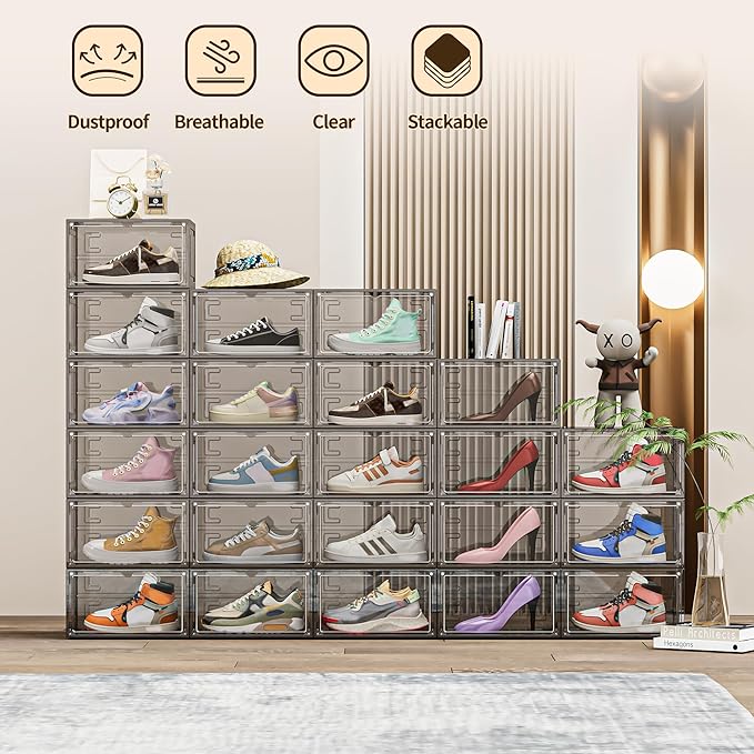 12 Pack XX Large Shoe Organizer, Heavy-Duty Hard Thicken Plastic Clear Stackable Shoe Storage Box Organizer for Closet, Space-Saving Shoe Rack Display Case Bin Containers for Sneakers, Grey