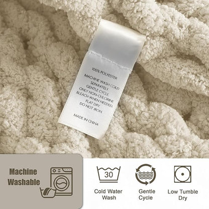 Chunky Knit Throw Blanket 50"X 60", 100% Handmade with Soft Chenille Yarn, 4.4lbs Thick Cable Knitted Blankets, Large Rope Knot Crochet Throws for Couch Sofa Bed Home Decor, Beige