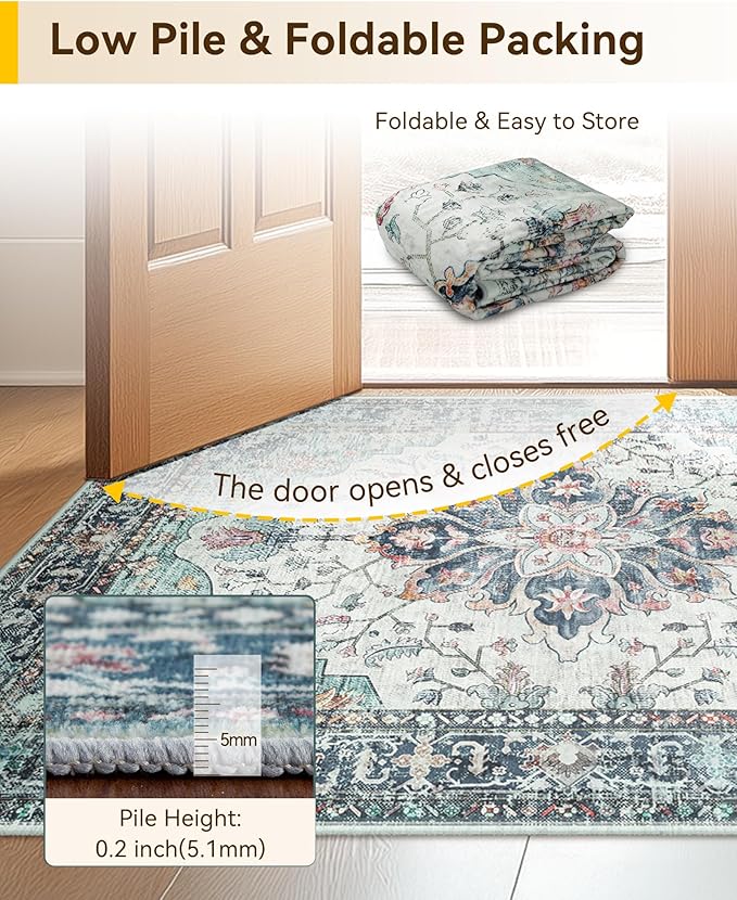 Area Rugs 2'x10' Washable Non-Slip, Floral Vintage Distress Print Pattern Medallion Carpet for Living Room Bedroom Dining Room, Green Navy Blue White Red Teal Colorful
