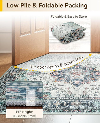 Area Rugs 2'x3' Washable Non-Slip, Floral Vintage Distress Print Pattern Medallion Carpet for Living Room Bedroom Dining Room, Green Navy Blue White Red Teal Colorful