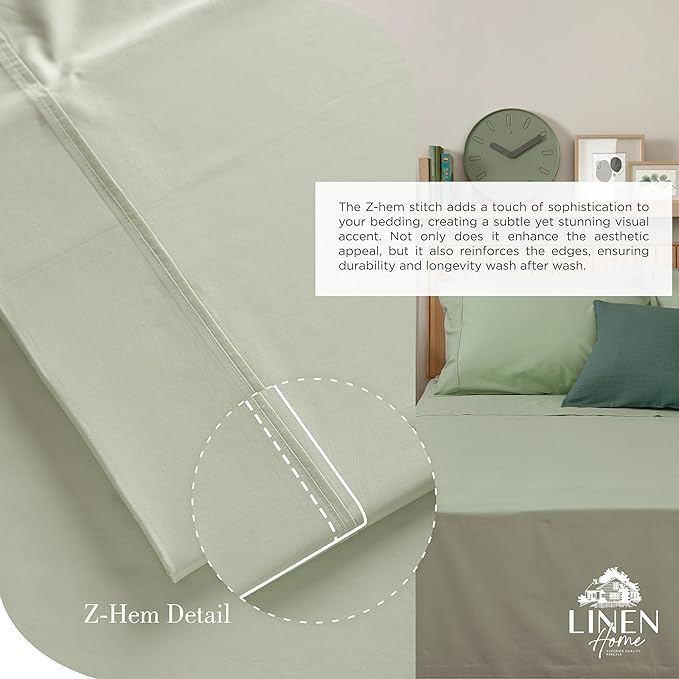 Linen Home 100% Cotton Percale Sheets King Size, Sage, Deep Pocket, 4 Pieces Set - 1 Flat, 1 Deep Pocket Fitted Sheet and 2 Pillowcases, Crisp Cool and Strong Bed Linen