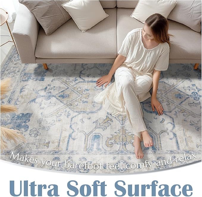 jinchan 3x5 Machine Washable Area Rugs for Entryway - Distressed Vintage Floral Ultra-Thin Low-Pile Soft Non-Shedding Indoor Floor Carpet for Kitchen Bedroom Entrance Laundry Living Room(3x5ft, Blue)