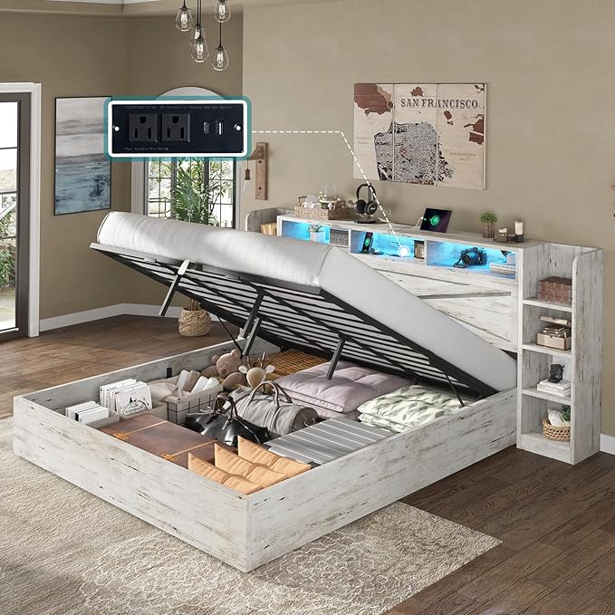 AMERLIFE King Size Lift Up Storage Bed Frame, 45.1" LED Bed Frame with 2 Side Shelves & Bookcase Headboard, Farmhouse Wood Platform Bed with Charging Station, No Box Spring Needed, Distressed White