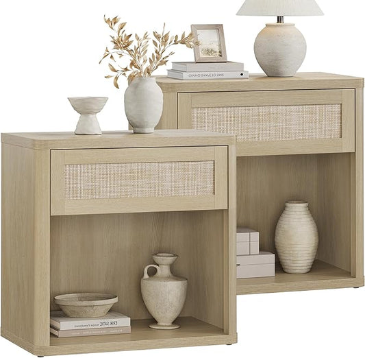 SICOTAS Night Stand Set of 2 26" Wide Large Nightstands with Drawer & Shelf Storage Rattan Bedside Table Boho End Table Tall Bed Side Tables Night Stands for Bedroom Living Room Sofa Office, Sand Oak