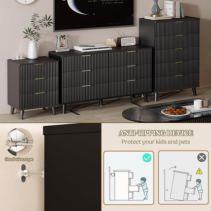 Lulive Black Dresser for Bedroom Wood Dressers Chest of Drawers, Fluted 54" Wide Modern Long Dresser TV Stand 6 Drawers for Bedroom, Closet, Hallway (Black)