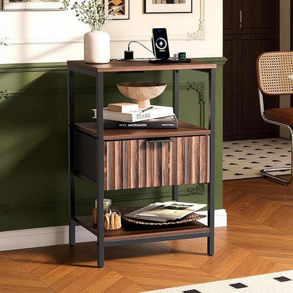 VINGLI Nightstand with Charging Station, Walnut Nightstand Fluted with Fabric Drawer, Bedside Table/End Table with Charger Station, Side Table Bedroom, Small Night Stand Dark Walnut