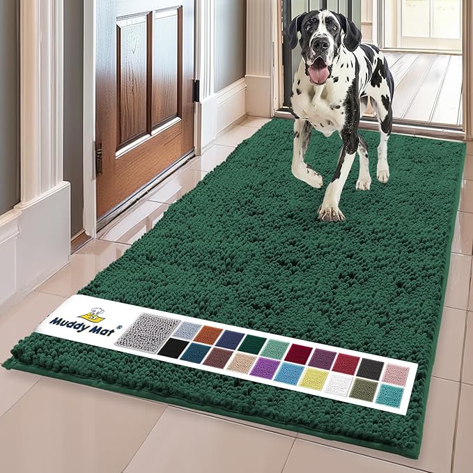 Muddy Mat® | Super Absorbent Door Mat Indoor, Microfiber Quick Dry Chenille Entryway Rug, Non-Slip Front Door Mat, Indoor Mats for Entryway, Machine Washable Pet Rug, Dark Green 36" x 120"
