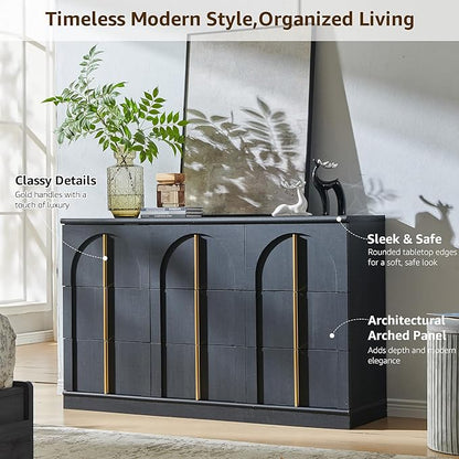 ACCOHOHO Arched Dresser for Bedroom with 9 Drawers, 52" Wide Modern Chest of Drawers with Rounded Edge & Metal Handles, Wood Storage Closet Dressers TV Stand for Living Room, Hallway, Black