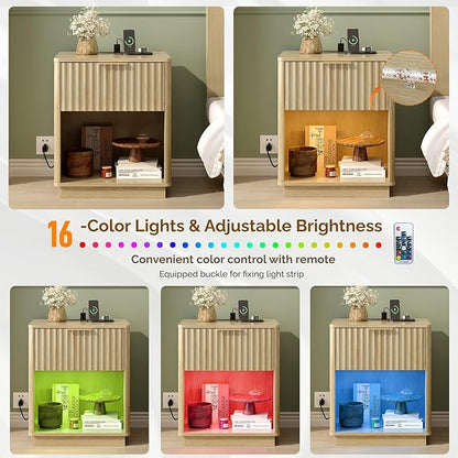 VINGLI Nightstand with Charging Station, LED Nightstand Fluted with Rounded Edge, 19" W Mid Century Modern Night Stand for Bedroom, Fluted Bed Side Table, Oak, 18.9" W*15" D*22.4" H