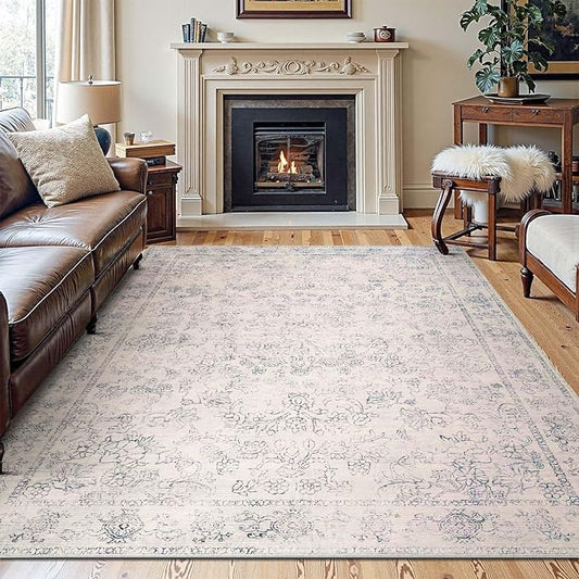 jinchan 6x9 Machine Washable Area Rugs for Living Room – Vintage Floral Soft Stain Resistant Low Pile Rug, Non Slip Ultra-Thin Carpet for Bedroom, Dining Room, Home Office, Nursery (6'x9', Ivory)