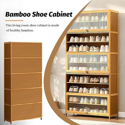 Tall Shoe Cabinet with Clear Doors, Large Capacity Bamboo Shoe Cabinet, 40-45 Pairs Shoe Rack Organizer for Closet Entrance, Hallway, Living Room, Bedroom