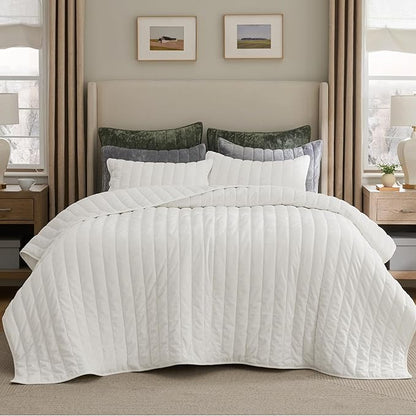 Bedsure Velvet Quilt Queen Size Set - Lightweight Velvet Comforter Queen, Luxury Bedspread Coverlet, Ultra-Soft Winter Bedding Set with 2 Pillow Shams, 90"x96", Cream White