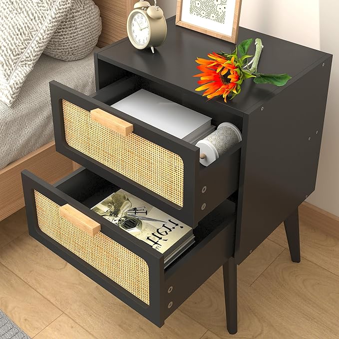 YAUKOMEL Rattan Nightstand Set of 2,Mid Century Modern Bedside Table with Storage,End Table,Side Table with 2 Hand Made Rattan Decorated Drawers for Livingroom, Bedroom, Black CTG59B-2