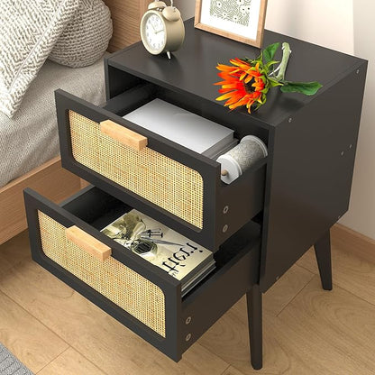YAUKOMEL Rattan Nightstand Set of 2,Mid Century Modern Bedside Table with Storage,End Table,Side Table with 2 Hand Made Rattan Decorated Drawers for Livingroom, Bedroom, Black CTG59B-2