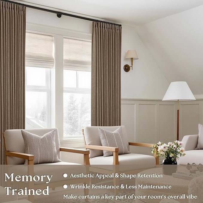 Brown Linen Pinch Pleated Curtains 108 Inches Long 2 Panels for Living Room Bedroom Light Filtering Drapes 108 Inch Length Dutch Cocoa Semi Sheer Memory Shape Trained Ceiling Floor Curtain