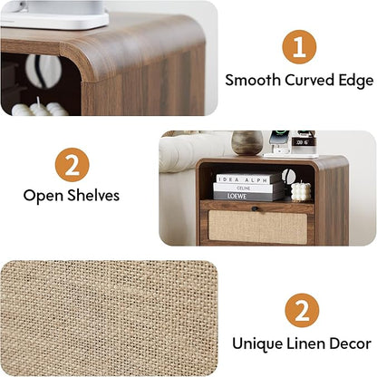 Set of 2 Night Stand with Charging Station, 19.7" Wooden Side Table Curved Nightstands with 2 Drawers & USB/Type-C Ports, Mid Century Modern End Table for Living Room, Bedroom, Nature Linen, Walnut