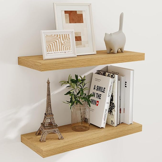 Fun Memories Floating Shelves for Wall, 24 x 9.3 Floating Shelf Wall-Mounted, Rustic Wood Bathroom Shelf Set of 2, Deep Bookshelf Storge Shelves for Living Room, Bedroom, Farmhouse, Oak Color
