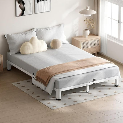 4 Inch White King Size Bed Frame, 3500Lbs Heavy Duty Metal Platform with Round Corner Legs Mattress Slide Stopper, Steel Slat Support No Box Spring Needed, Noise Free, Non-Slip, Easy Assembly