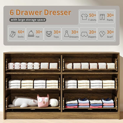 6 Drawer Dresser & Nightstand Set 3-Piece, 55” Wide Bedroom Set Night Stand Set of 2 with Metal Handle, Fluted Modern Wood Chest of Drawers Storage Dressers Set for Bedroom, Walnut