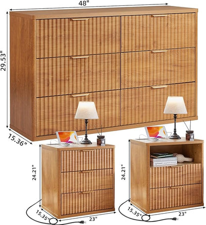 LEYAOYAO 48" Wide Fluted Dresser and 23" Nightstand Set of 2, Wooden Dresser & Night Stand with Charging Station, 3 Piece Bedroom Furniture Set, Chest of Drawer for Living Room,Brown