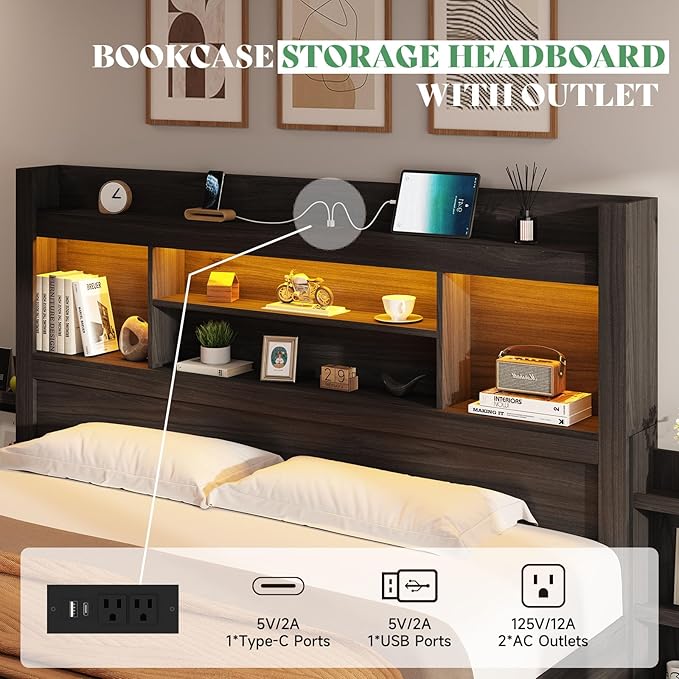 AMERLIFE Full Size Bed Frame with 4 Storage Drawers, LED Bed Frame with 49.6" Tall Bookcase Headboard, Wood Platform Bed with Charging Station & 2 Slide Bedside Shelf, No Box Spring Needed/Black