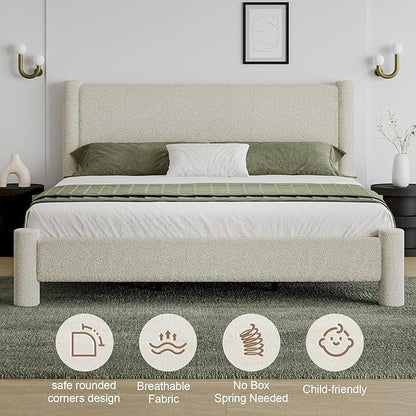California King Size Bed Frame, Boucle Bed Frame with Headborad, Soft Upholstered Platform Bed Frame with Rounded Corners, No Box Spring Required, Easy Assembly, Cream