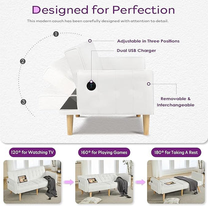 TYBOATLE Modern White Faux Leather Upholstered Convertible USB Folding Futon Sofa Bed, 65" Couch, Love Seats Furniture for Small Space Configuration, Apartment, Dorm, Living Room, Office