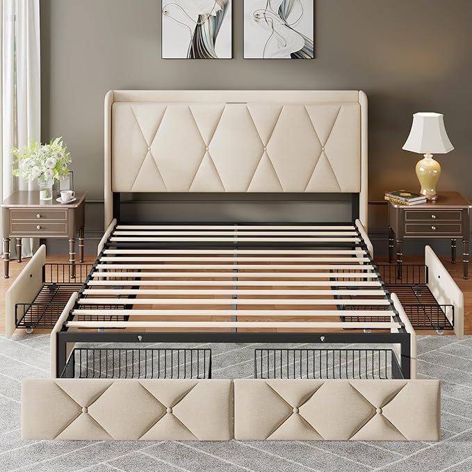 Feonase Full Size Bed Frame with 4 Storage Drawers, Upholstered Platform Bed with Charging Station, Wingback Storage Headboard, Wooden Slats Support, No Box Spring Needed, Easy Assembly, Beige