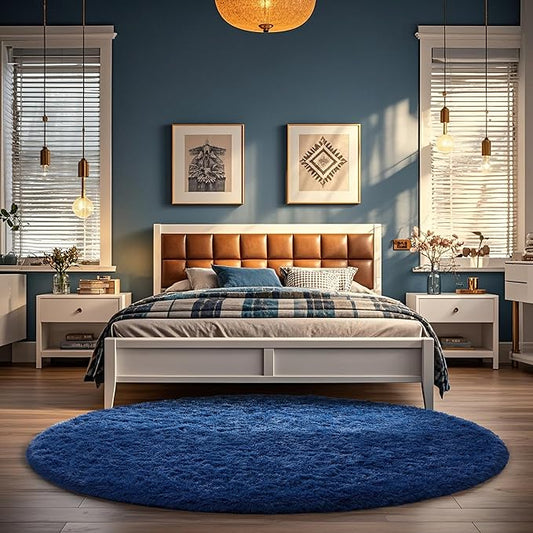 Ophanie Round Rug 5Ft Blue Circle Area Rug, Boys Room Decor, Fluffy Fuzzy Bedroom Carpet, Plush Soft Shaggy Living Room Rugs for Kids Home Decor Aesthetic, Nursery