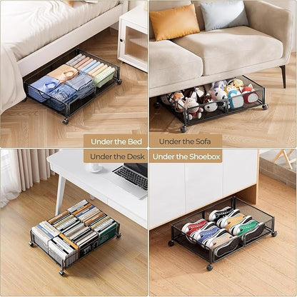 Yecaye Under Bed Storage with Wheels, 4 Pack Under Bed Shoe Storage Organizer Drawer, Tool-free Assembly Metal Underbed Storage Containers for Clothes, Shoes, Black